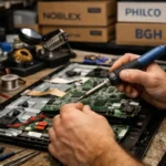 Técnico reparando un Smart TV con repuestos originales de marcas nacionales en Argentina.