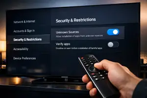 Menú de ajustes de seguridad en Smart TV con la opción de orígenes desconocidos activada para permitir la instalación de Magis TV.