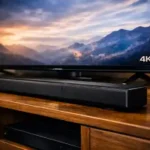 Barra de sonido instalada frente a un televisor para mejorar el audio en el hogar.