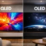 Comparación visual entre tecnología Samsung QLED y LG OLED en una sala de exhibición.
