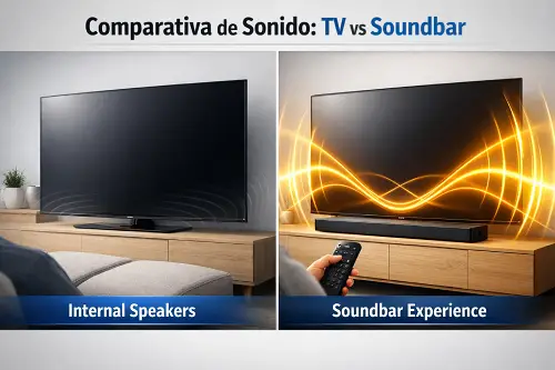 Infografía comparando el alcance del sonido de los parlantes internos de un Smart TV frente a la potencia de una barra de sonido externa