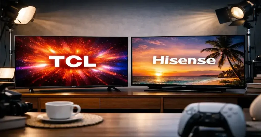 TCL vs Hisense comparando brillo y contraste en un estudio profesional 8k.