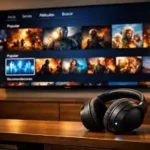 interfaz de streaming en smart tv y auriculares bluetooth conectados
