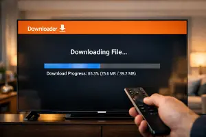 Pantalla de Smart TV mostrando el progreso de descarga de un archivo APK mediante la aplicación Downloader.