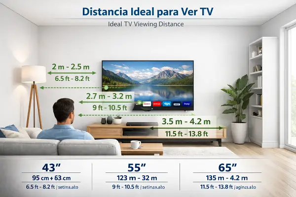 Diagrama de distancia recomendada para ver televisores 4K y 8K en centímetros.