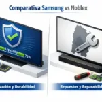 Infografía sobre la durabilidad y soporte técnico de Smart TV Samsung frente a Noblex en Argentina.
