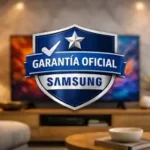 Sello simbólico de garantía oficial de Samsung Argentina sobre fondo de televisor premium.