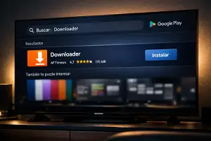Interfaz de Google Play Store en un Smart TV mostrando la aplicación Downloader para descargar archivos APK.