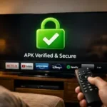 Mano sosteniendo control remoto frente a Smart TV que muestra un ícono verde de candado verificado para instalación segura de APK Magis TV.