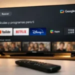 Primer plano de la interfaz de usuario de Google TV en un Smart TV moderno.