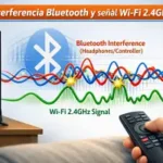 Infografía mostrando cómo las ondas de señal Bluetooth chocan e interfieren con la onda de señal Wi-Fi de 2.4GHz en un Smart TV, para guiasmarttv.com.ar.