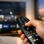 Mano usando el control remoto LG Magic Remote para navegar por la pantalla de un Smart TV LG OLED.