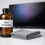 Comparativa visual de productos seguros para limpiar pantallas de Smart TV, destacando el agua destilada sobre el alcohol.