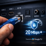 Conexión de cable Ethernet a un televisor para mejorar la velocidad de internet y evitar cortes en el streaming.