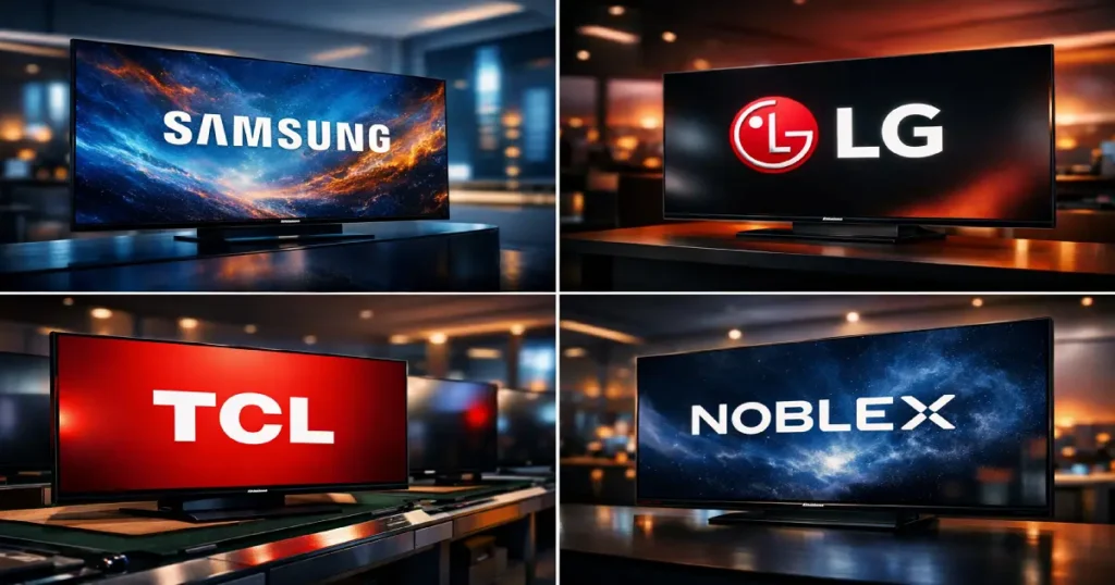 Comparativa de las mejores marcas de Smart TV en Argentina: Samsung, LG, TCL y Noblex en un showroom tecnológico.