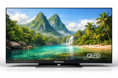 Smart TV Hisense con panel QLED mostrando colores realistas y naturales en un paisaje.