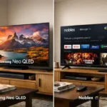 Comparación visual entre un Smart TV Samsung premium y un Noblex de gama media en un living argentino.