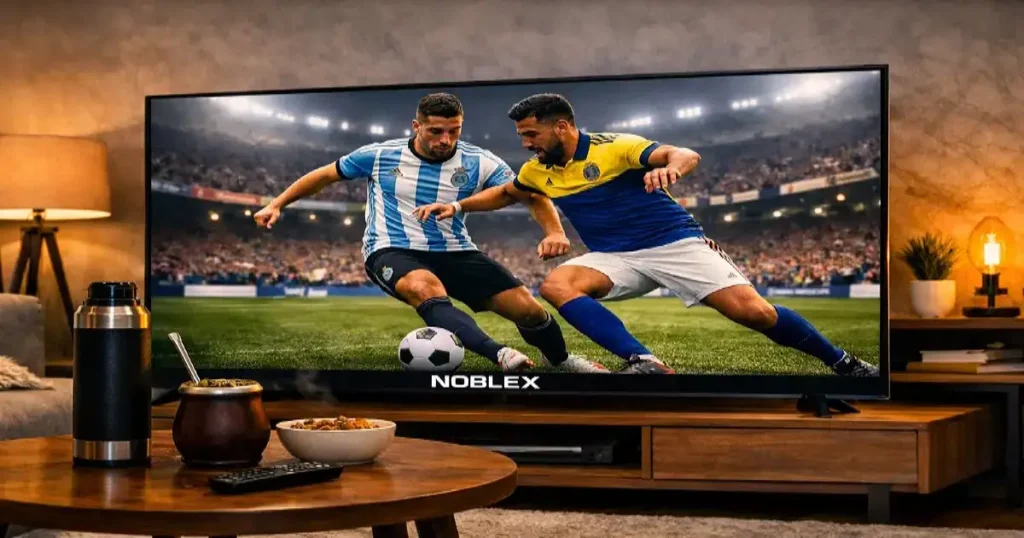 Televisores Noblex en un living moderno con ambiente acogedor, mate sobre la mesa y partido de fútbol en pantalla.