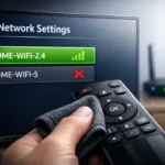 Ilustración de menú de Smart TV mostrando red Wi-Fi 2.4GHz detectada y red 5GHz con error de conexión, para guiasmarttv.com.ar.