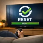 Persona relajada frente a un Smart TV que muestra una pantalla de confirmación de reseteo de fábrica completado con éxito, para guiasmarttv.com.ar.