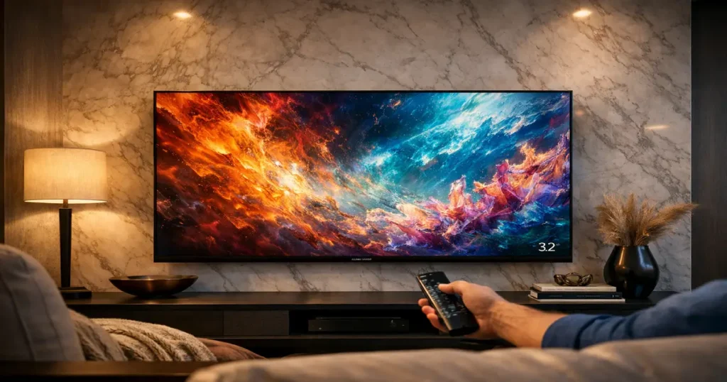 Smart TV Samsung Neo QLED colgado en una pared de mármol en un ambiente premium.