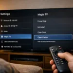 Mano usando control remoto para seleccionar la opción "Borrar caché" en el menú de ajustes técnicos de Google TV para arreglar Magis TV.