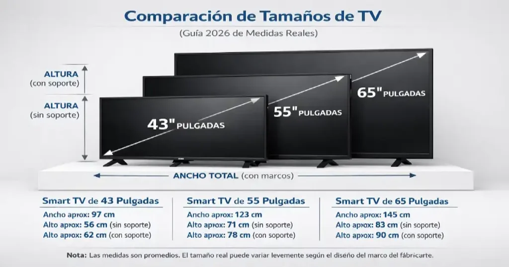Infografía profesional mostrando las medidas de Smart TV de 43, 55 y 65 pulgadas en centímetros con flechas de altura y ancho.