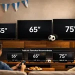 Comparativa de tamaños de Smart TV de 55, 65 y 75 pulgadas para el hogar.