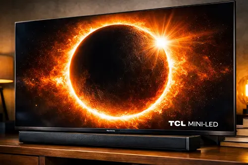 Detalle de pantalla TCL Mini-LED mostrando alto contraste y brillo HDR extremo.