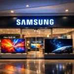 Fachada de una tienda oficial de Samsung en Argentina resaltando el logo y la exhibición de televisores.