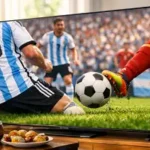 Detalle de calidad 4K Ultra HD en un televisor de alta gama durante un partido de fútbol.