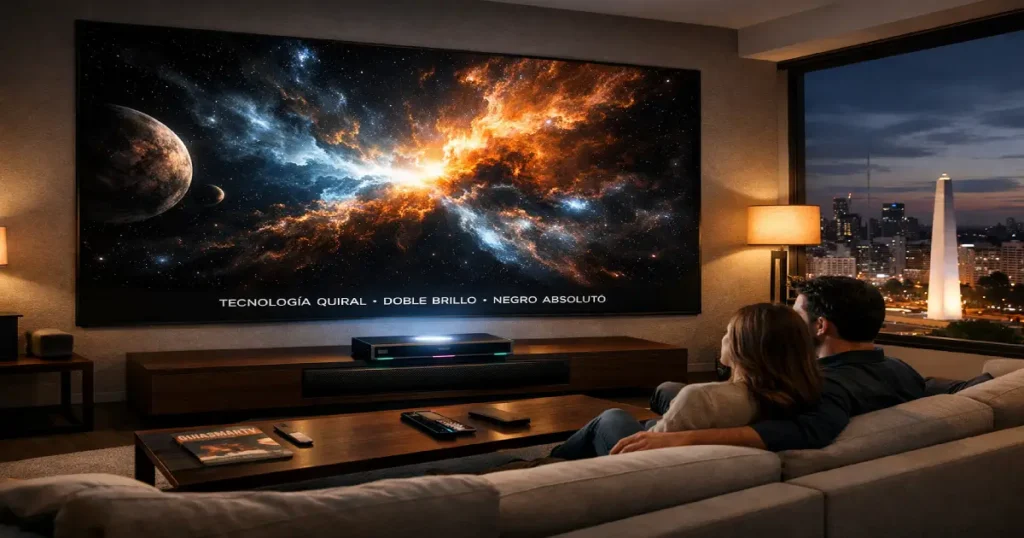 Sistema de TV Laser OLED de tiro corto reproduciendo una pelicula en el living con negros absolutos y tecnologia quiral.